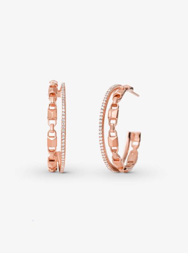 Damske Nausnice Michael Kors Precious Metal-Plated Sterling Silver Mercer Link Pavé Halo Hoops Ruzove Zlate - Šperky Michael Kors Obchod | IYKBC-6158